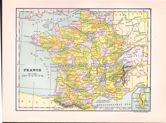 フランスアンティーク　MAP 1889 Map France Antique Cartography Perfect for Framing