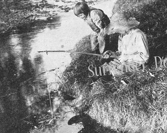 Best Friends Playing Hookie Fishing  Armstrong Roberts 1927 Vintage Photo Illustration To Frame Black & white
