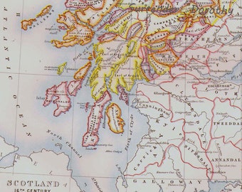 Scotland Map 16th Century  Antique Copper Engraving Vintage European Cartography 1892 Victorian Geography Art To Frame