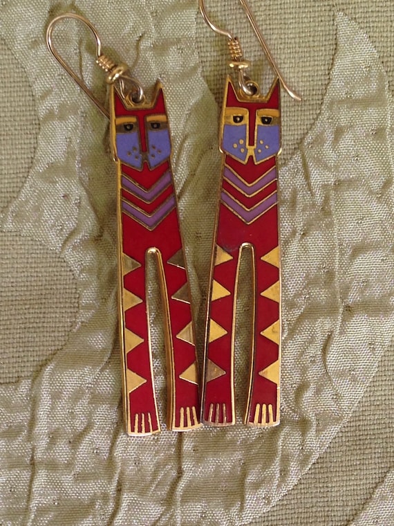 Laurel Burch Earrings Red Nubian Cat Silver Clois… - image 2