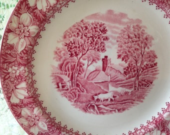 Vintage Woods Burslem England Colonial Transferware Pink Red White 9" Dinner Plate English Transferware MINT Condition 1960s