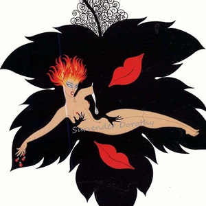May include: Art Deco-style illustration featuring a nude figure with fiery red hair, reclining on a large black leaf. Red lips and cherries are scattered around the figure. The text "Surrender Dorothy" is visible.
