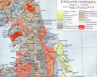 Geology Map England Wales 1903 Vintage Edwardian Antique Steel Engraving European Cartography To Frame