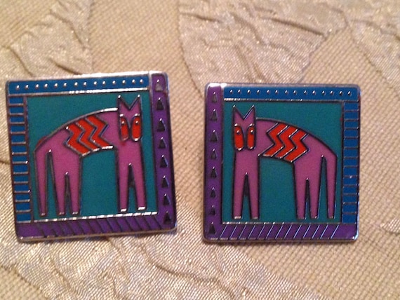 Laurel Burch Earrings Hieroglyphic Cat Gold Clois… - image 1