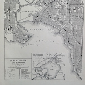 メルボルン オーストラリア 地図 1910 ヴィンテージ エドワード朝 スチール彫刻 地図作成 額装