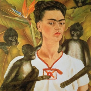 May include: A painting of a woman with dark hair and a red necklace, wearing a white blouse with a red and orange embroidered design. Two monkeys are sitting on her shoulders and a third monkey is sitting on her lap.