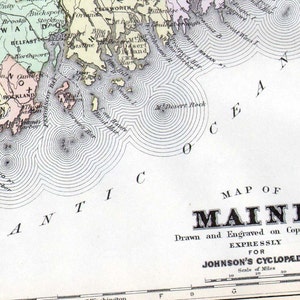メイン州アメリカ地図 1896 大型ビクトリア朝アンティーク銅版画 ヴィンテージ地図地理 額装 13.5 x 10.5 インチ