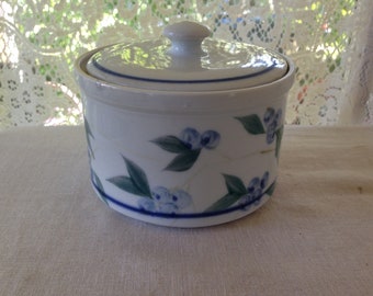 Covered Sugar Bowl Blueberries Floral Pottery Handmade In MAINE 1990s Vintage Kitchen Ware