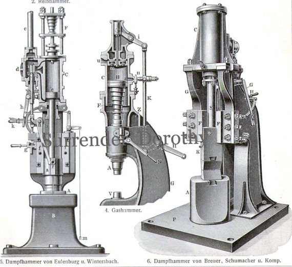 Industrial Steam Hammer Machine 1906 Technical Illustration Chart With  Cutaways Edwardian Germany Black & White -  Canada
