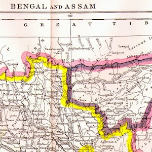 ベンガル アッサム インド地図 アンティーク銅版画 ヴィンテージアジア地図 1892 ビクトリア朝地理アート 額装