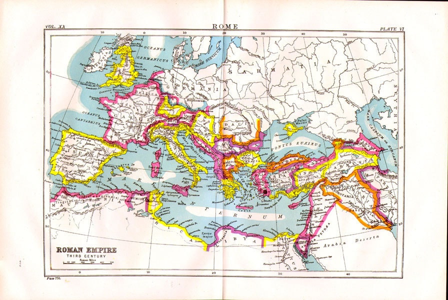 ローマ帝国 3 世紀の地図 アンティーク銅版画 ヨーロッパ地図 1892