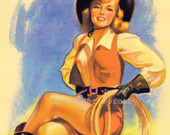 Roundup Blonde Bomshell Cowgirl Pinup Girl Poster Print Vintage Mid Century Cheesecake Art 1940s Bradshaw Crandell