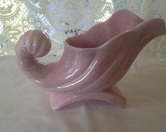 Cornucopia Horn Of Plenty Planter Vase Tea Rose Pink Mid Century Vintage Organizer For Your Country Cottage Pastel American Pottery