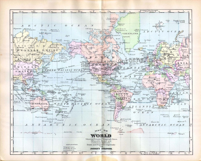World Map 1896 Large Antique Copper Engraved Map Telegraph | Etsy