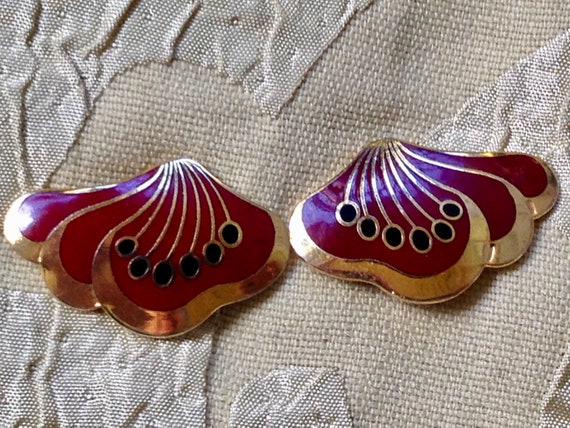 Laurel Burch Earrings RED LE FLEUR Flower Fans Cl… - image 1