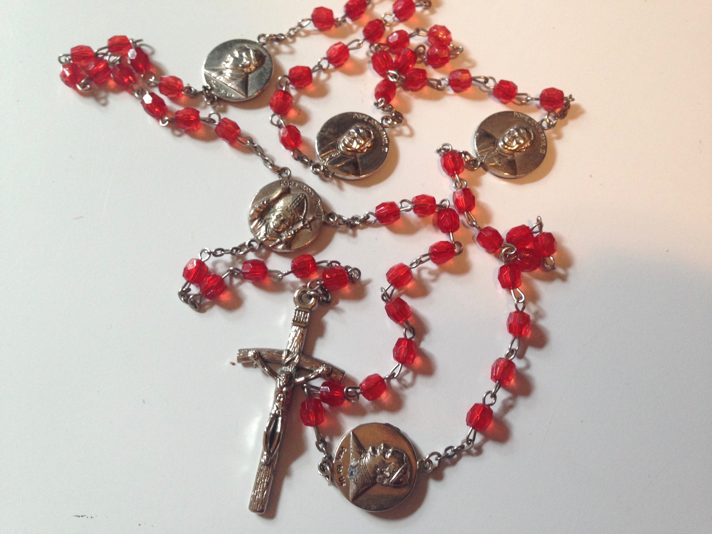 Catholic Church Ruby Ruby Red Rosary Beads Pope John Paul II Vintage Catholic Prayer Beads ...