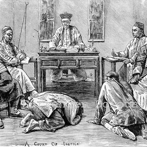 Criminal Justice In China Unusual Victorian Engraved Illustration To Frame 1890 Chinese Court Black & White image 2