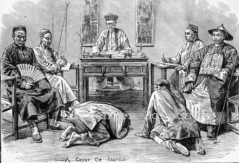 Criminal Justice In China Unusual Victorian Engraved Illustration To Frame 1890 Chinese Court Black & White image 2