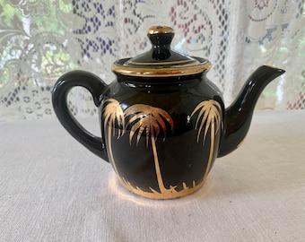 Redware Palm Tree Pottery Teapot One Cup 1940s WWII Era Hand Painted Gold Vintage Japanese Kitchen Classic