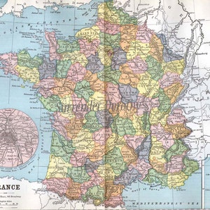 フランス地図 1888 パリ コルシカ島 挿入物 アンティーク スチール 彫刻 地図作成 ビクトリア朝時代 地理 アート 額装