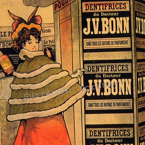 Pode incluir: Um anúncio vintage para as pastas de dentes do Dr. J.V. Bonn. O anúncio apresenta uma mulher com um casaco de pele apontando para uma placa que diz "Dentifrices du Docteur J.V. Bonn" em francês. A placa está sobre um fundo preto e dourado. O anúncio também inclui o texto "Dans tous les rayons de parfumerie" que se traduz como "Em todos os departamentos de perfumaria".