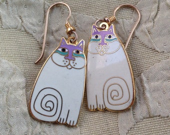 Laurel Burch Earrings WHITE OLIVIA CAT Cloisonne Dangle French Ear Wires Vintage Jewelry 1980s Gold