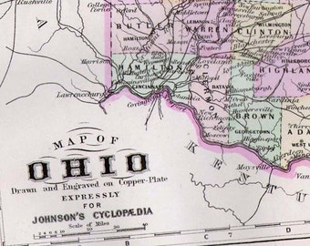 Ohio Map 1896 Copper Engraved USA State Antique Victorian Cartography Large Size 13.5 x 10.5 Inches