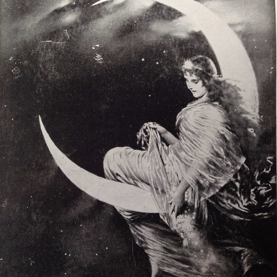 絵画。原画【A bear angel holds the moon】 Angel on Moon Canvas Print: Celestial Nursery Art by Glenda