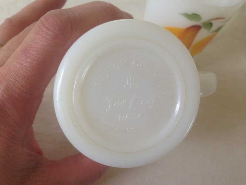 Vintage Coffee Mugs FireKing Gay Fad Studios Hand Painted Fruit Classic Mid Century USA Milk Glass Fire King