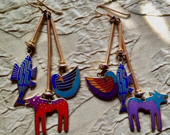 Laurel Burch Earrings Animal Fish Bird Trio Cloisonne Dangle French Ear Wires Vintage Jewelry 1980s Rainbow Colors Gold