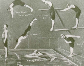 Hommes Natation Plongée Athlétique Référence Tableau De Référence Héliogravure Montage Pour Cadre Années 1920 Noir & Blanc