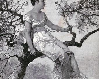 Spring Blossoms Pretty Woman Original 1890 Victorian Black & White Engraving For Framing