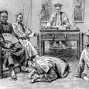 Criminal Justice In China Unusual Victorian Engraved Illustration To Frame 1890 Chinese Court Black & White image 1