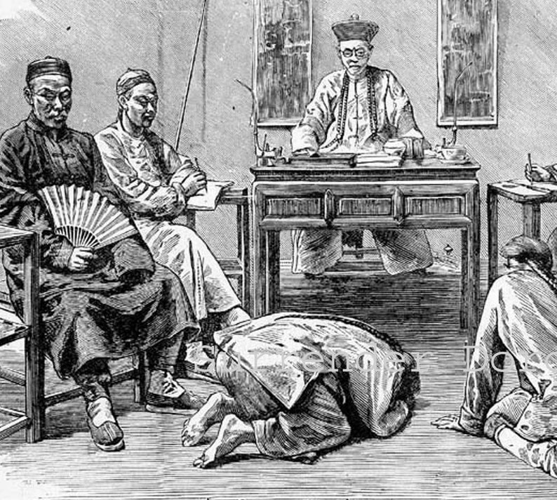 Criminal Justice In China Unusual Victorian Engraved Illustration To Frame 1890 Chinese Court Black & White image 1