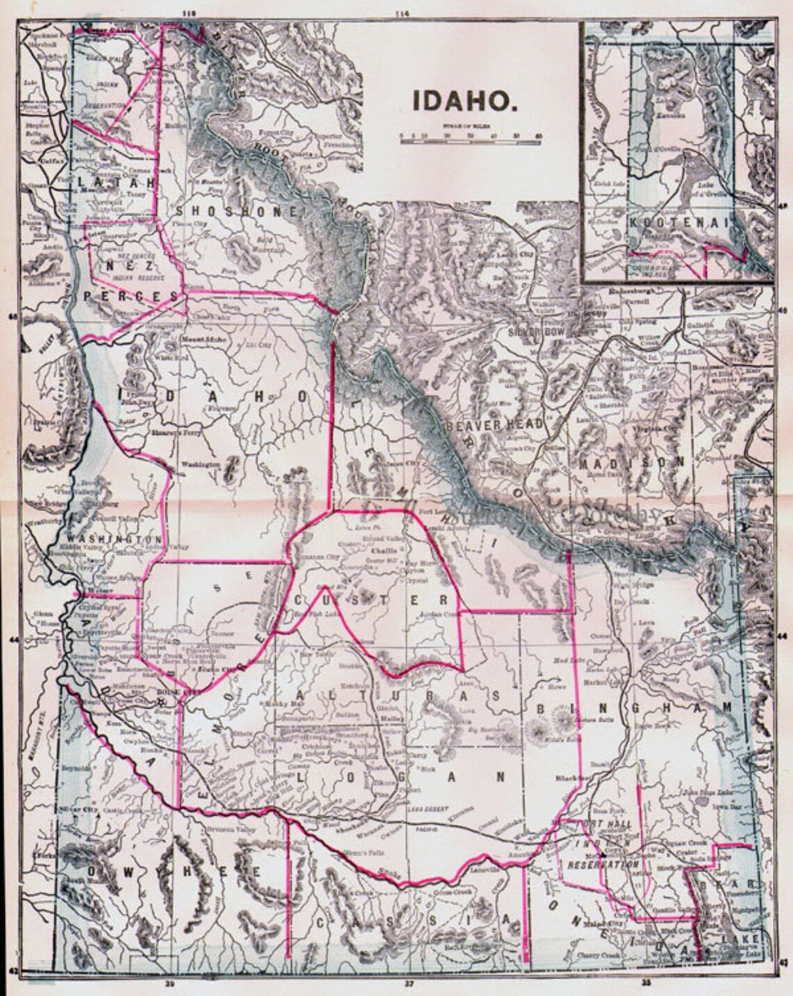 Idaho USA State Map Indian Reservations Antique Copper Etsy