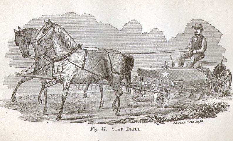 Star Drill Planter 1869 Antique Farm Agriculture Vintage Engraving Civil War Period To Frame Black /& White