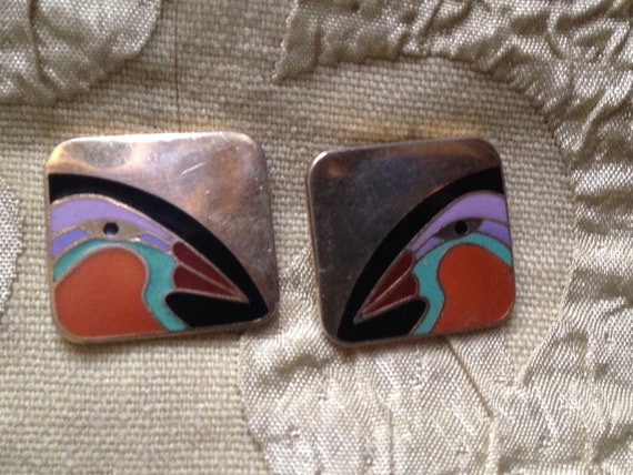 Laurel Burch Earrings TORI-MON Birds Square Clois… - image 1