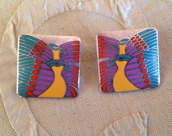 Laurel Burch Earrings Turquoise MOON DOVES Cloisonne Post Stud Vintage Jewelry 1980s Gold Lilac Teal Red Rainbow Colors