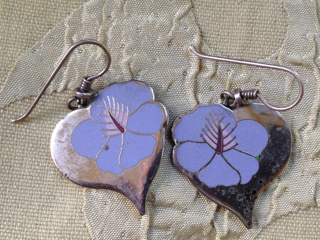 Laurel Burch Earrings Gray HIBISCUS HEARTS Cloisonne Dangle French Ear