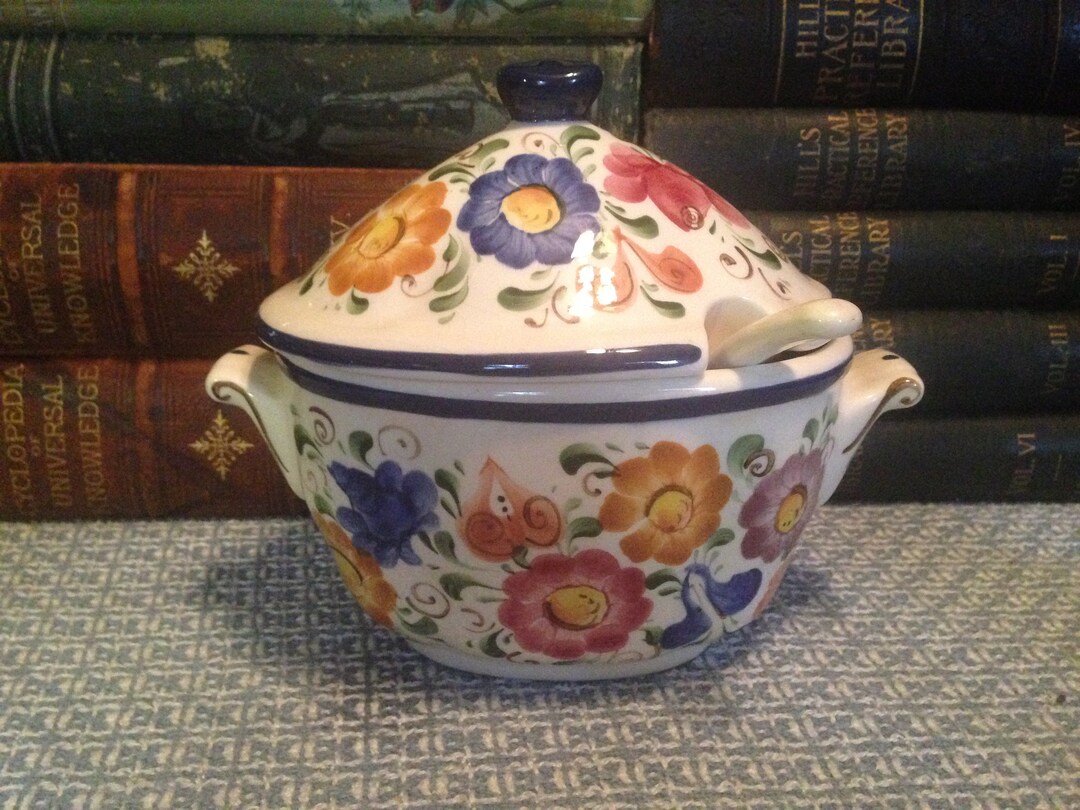 Covered Sauce Boat & Ladle Floral Pottery Handmade in Colorado USA by