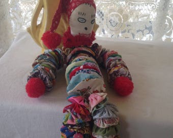 Yo Yo Doll Stocking Hat Man Handmade Toy Folk Art 1960s Fabrics Pompom Hands Feet Hand-Stitched Face