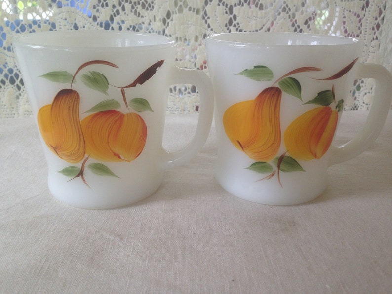 Vintage Coffee Mugs FireKing Gay Fad Studios Hand Painted Fruit Classic Mid Century USA Milk Glass Fire King