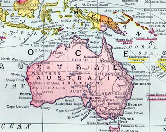 Map Oceania Australia New Zealand Surrounding Islands 1903 Antique Edwardian Vintage Cartography For Framing