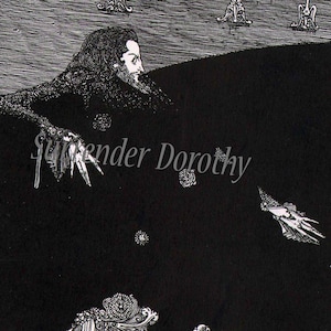 May include: Black and white illustration of a man in a long coat with a long beard, looking to the right. The man's hand is reaching out with long, sharp fingers. The background is black with white details.