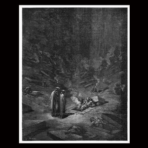 May include: Black and white illustration of a scene from Dante's Inferno. Two figures stand in the foreground, while others are seen in the background, lying in a field of graves.