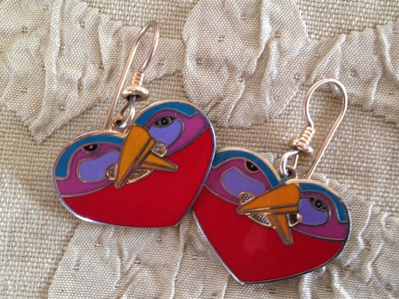 Laurel Burch Earrings HEART BIRDS Cloisonne Dangl… - image 1