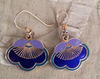 Laurel Burch Earings PLUM BLOSSOM Cobalt Blue Turquoise Purple Flower FANS Cloisonne Dangle French Ear Wires Vintage Jewelry 1980s