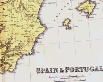 Spain Portugal Map 1871 Victorian Lippencott Antique Copper Engraving European Cartography