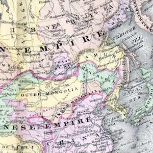 Asien Chinesisches & Russisches Reich Karte China Russland Viktorianische Antike Kupferstich Vintage Asiatische Kartographie zum Rahmen 1896