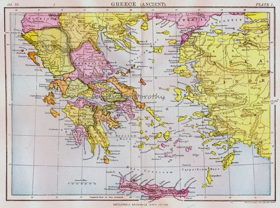 古代ギリシャ地図 アンティーク銅版画 ヨーロッパ地図 1892